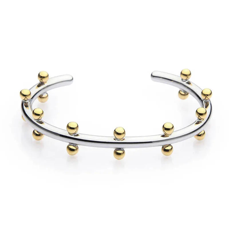 Stainless steel C-shaped bean beads with rivet texture in steel, gold and steel gold colours