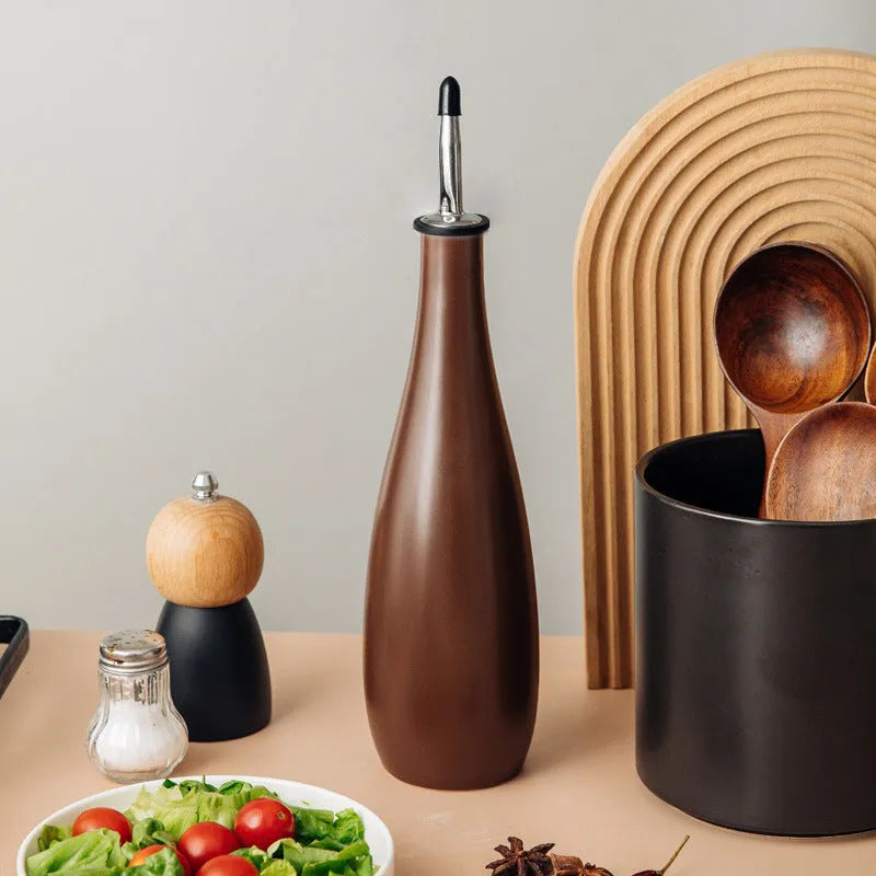 Ceramic kitchen oil pot with integrated funnel and brush in three colour options