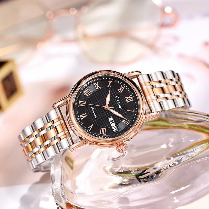 Women's automatic mechanical fashion watch with steel or leather strap options