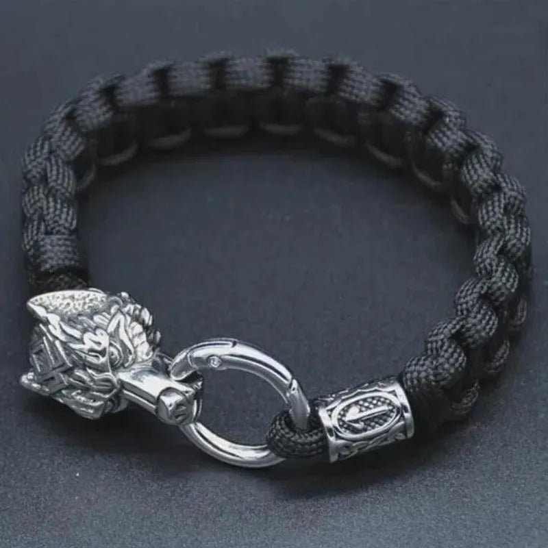 Handmade stainless steel wolf head bracelet with Luen character engraving in camouflage colour.