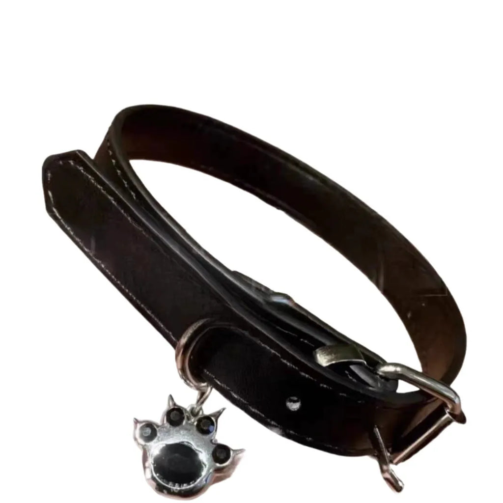Black adjustable dog collar with regular chain showing cat paw, bone, and leather design options