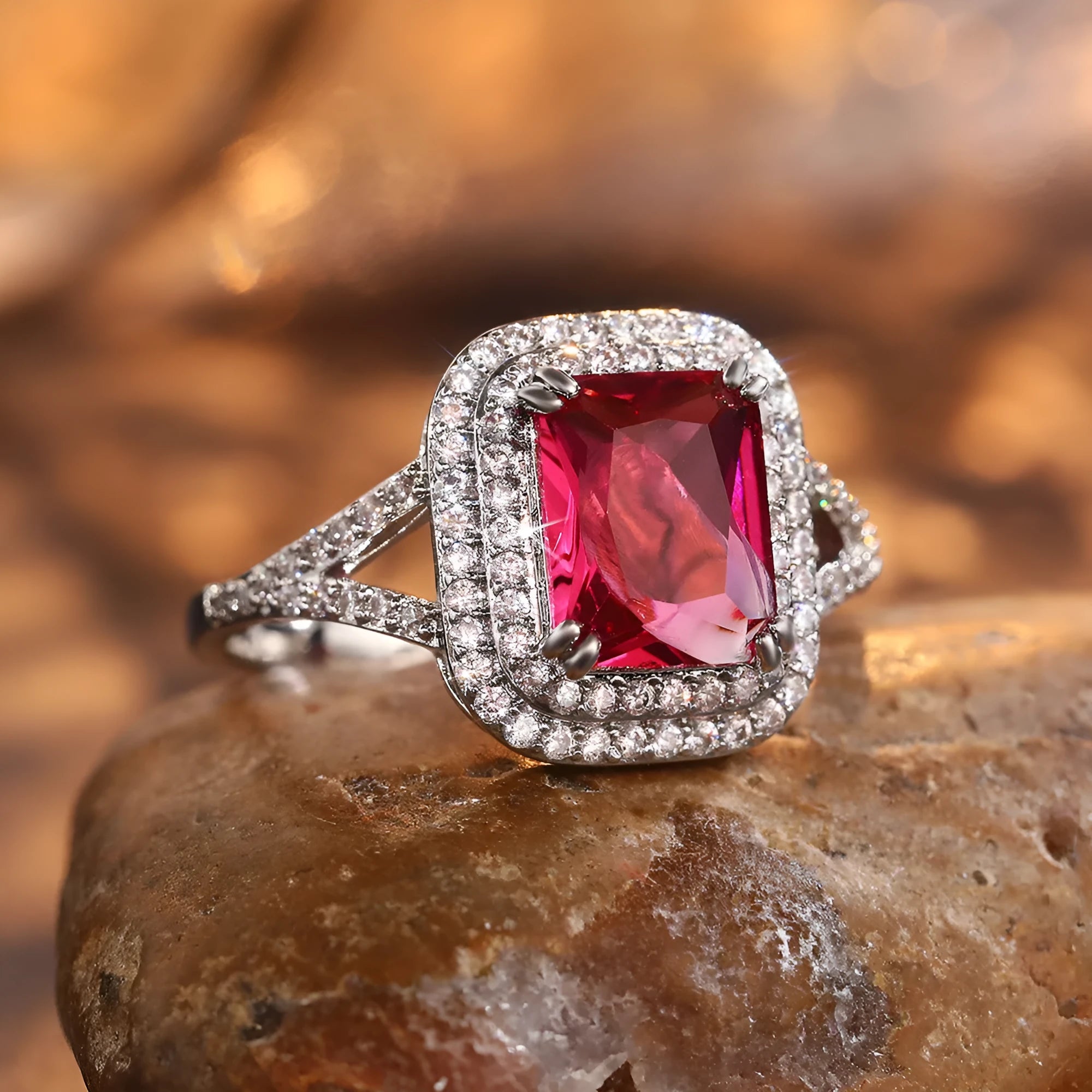 Red geometric square copper ring with clear princess-cut rhinestones, shown on a finger.