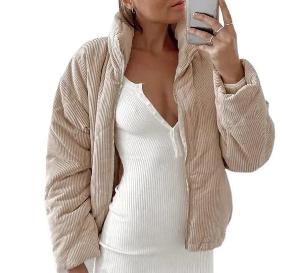 Women's Apricot corduroy zip-front jacket with a stand collar and wadded construction.