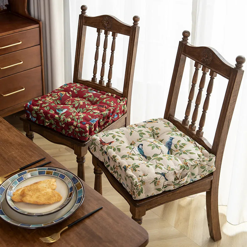 American style square dining chair cushion in apricot colour with floral bird pattern, showing 8cm thickness.