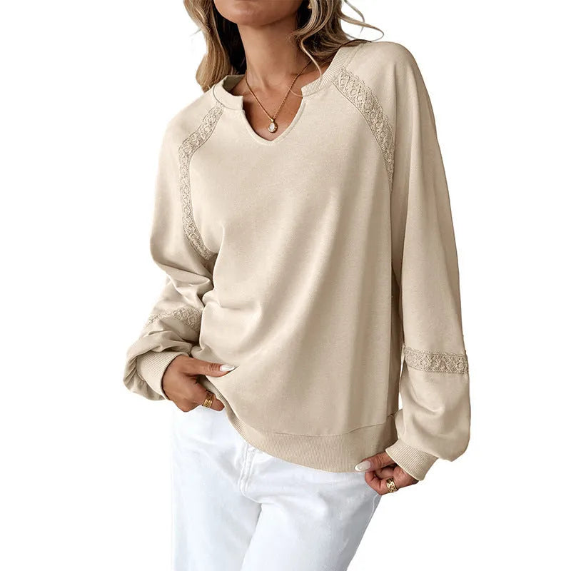 Women's loose long sleeve sweater with half-open collar and lace stitching in solid colour
