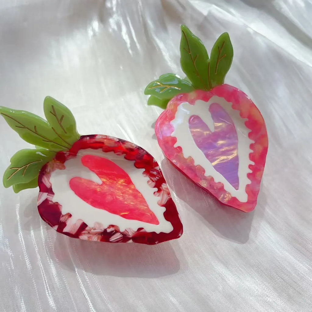 Handmade strawberry hairpin for girls in pastoral style with red or pink colour options