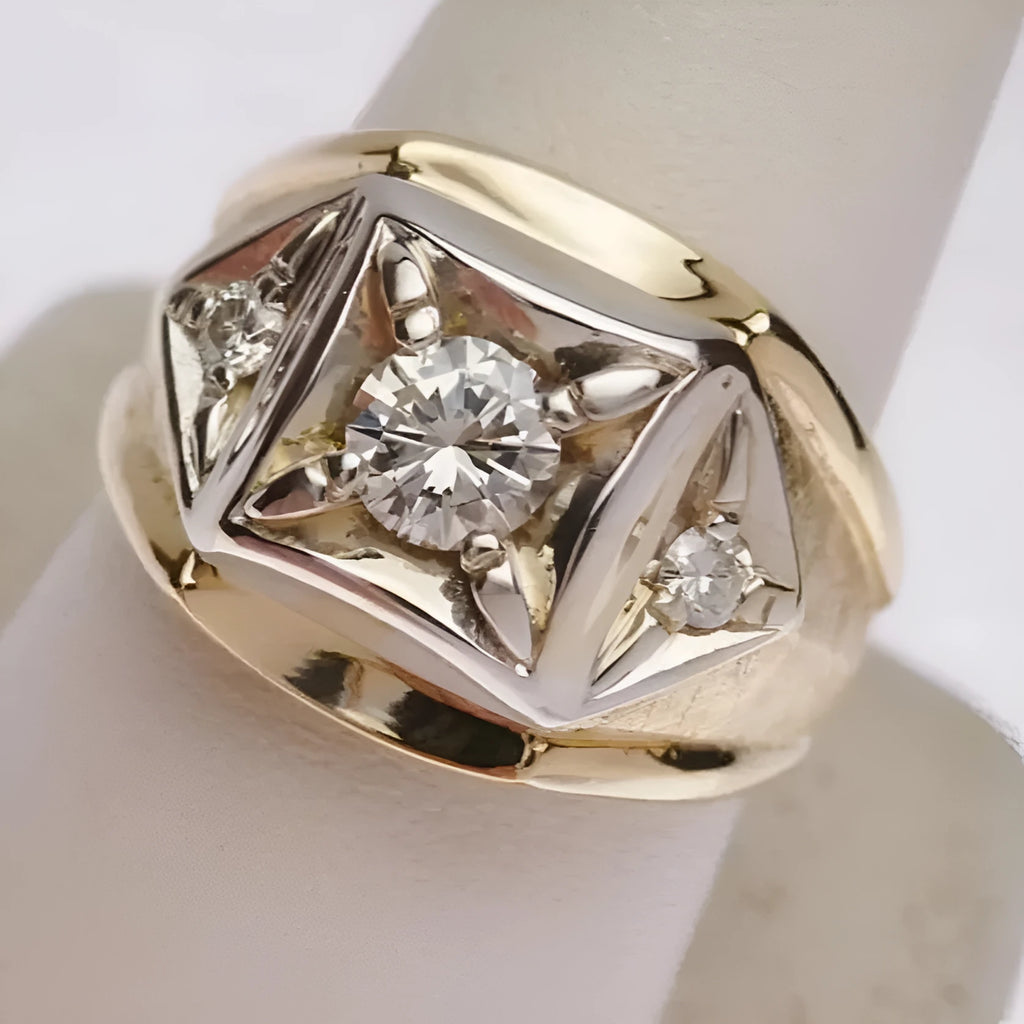 Geometric hollow wide face creative couple ring in gold colour with a chamfered square pattern design.