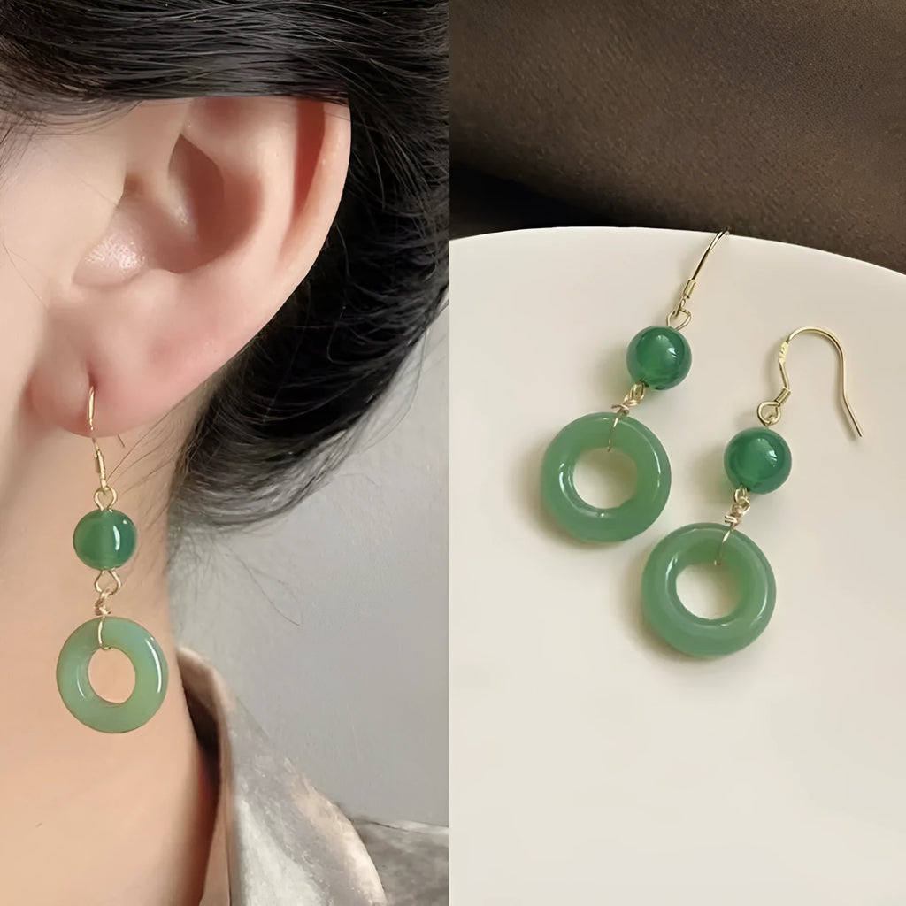 Green jade design peace buckle shaped Chinese style earrings with zinc alloy construction