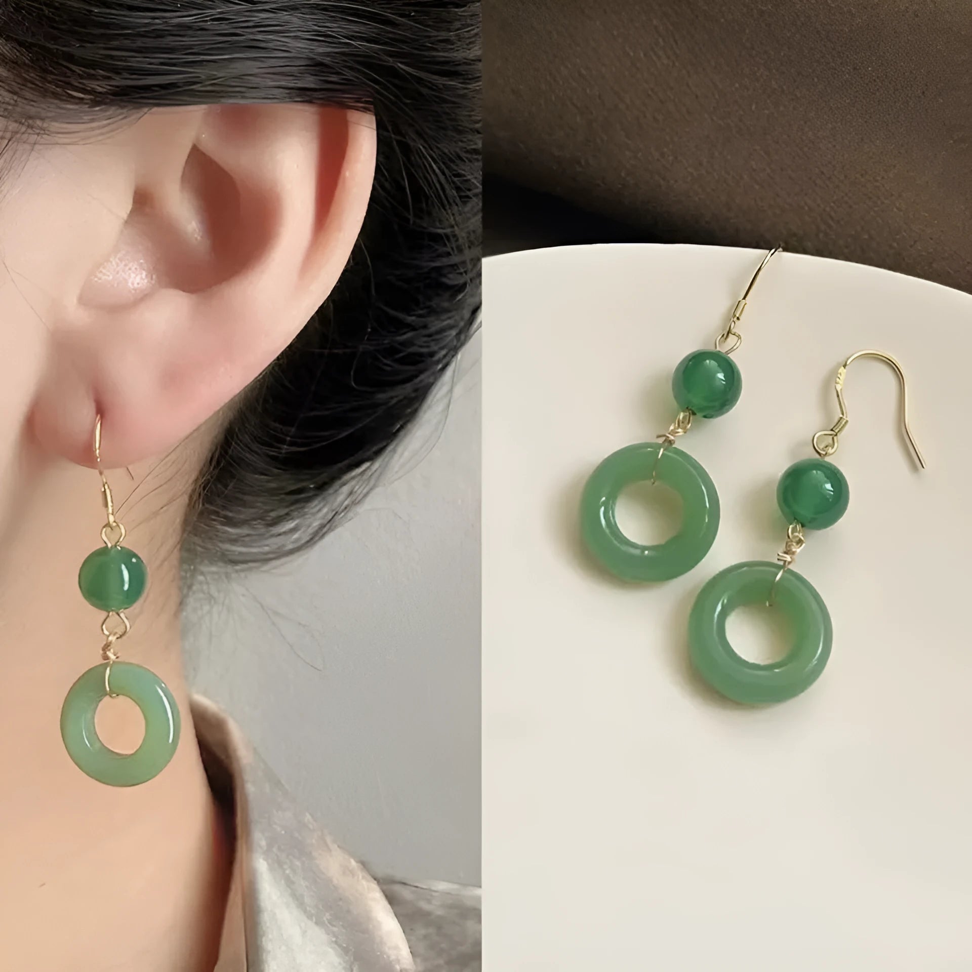 Green jade design peace buckle shaped Chinese style earrings with zinc alloy construction