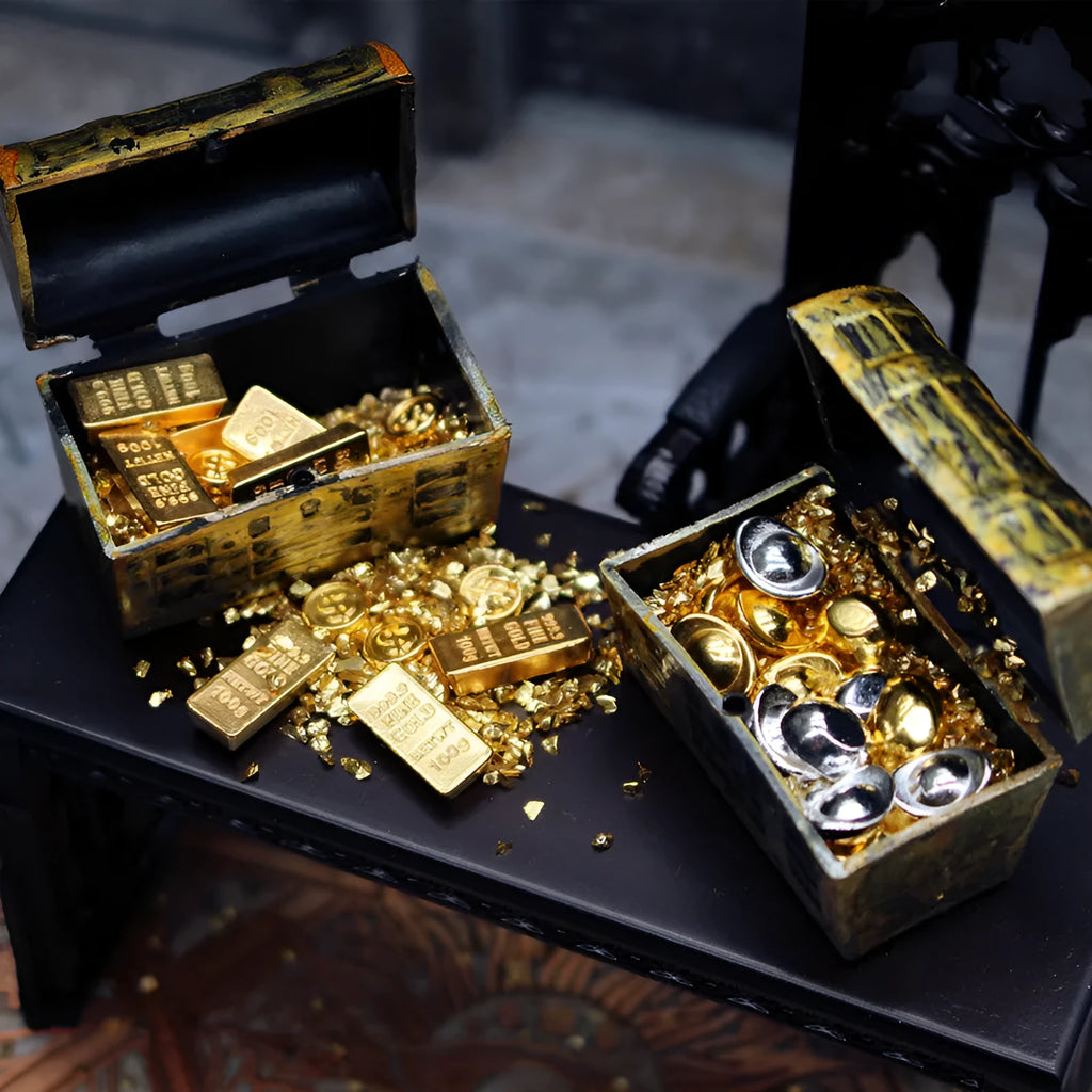 Alloy miniature gold coin treasure box and gold bars for doll house displays