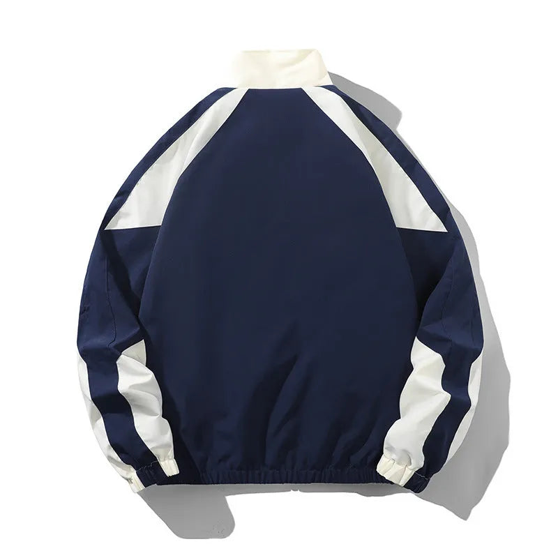 Men's black casual jacket with contrast stitching and side pockets, laid flat.