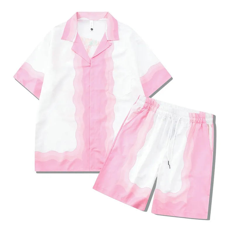 Plaid pattern beach outfit set with short sleeve shirt and matching shorts on mannequin