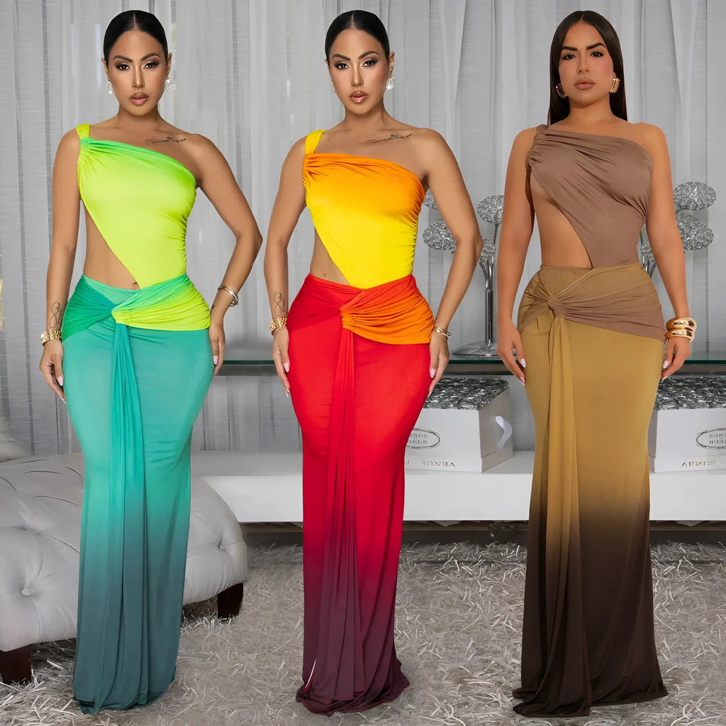 Gradient colour long dress with oblique shoulder design and high waist