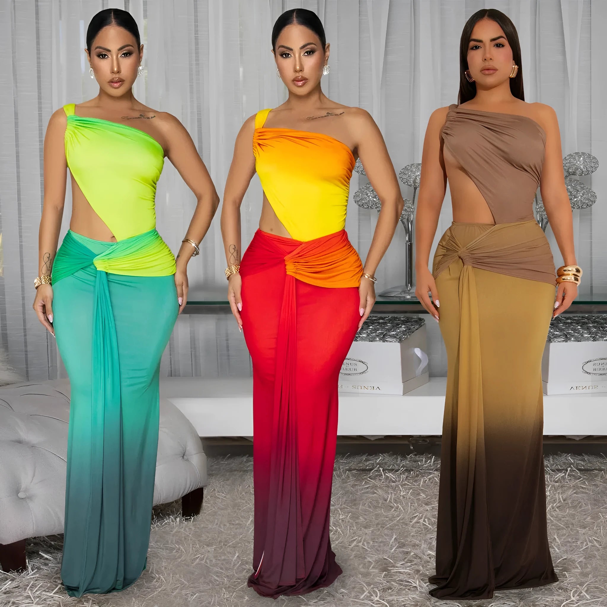 Gradient colour long dress with oblique shoulder design and high waist