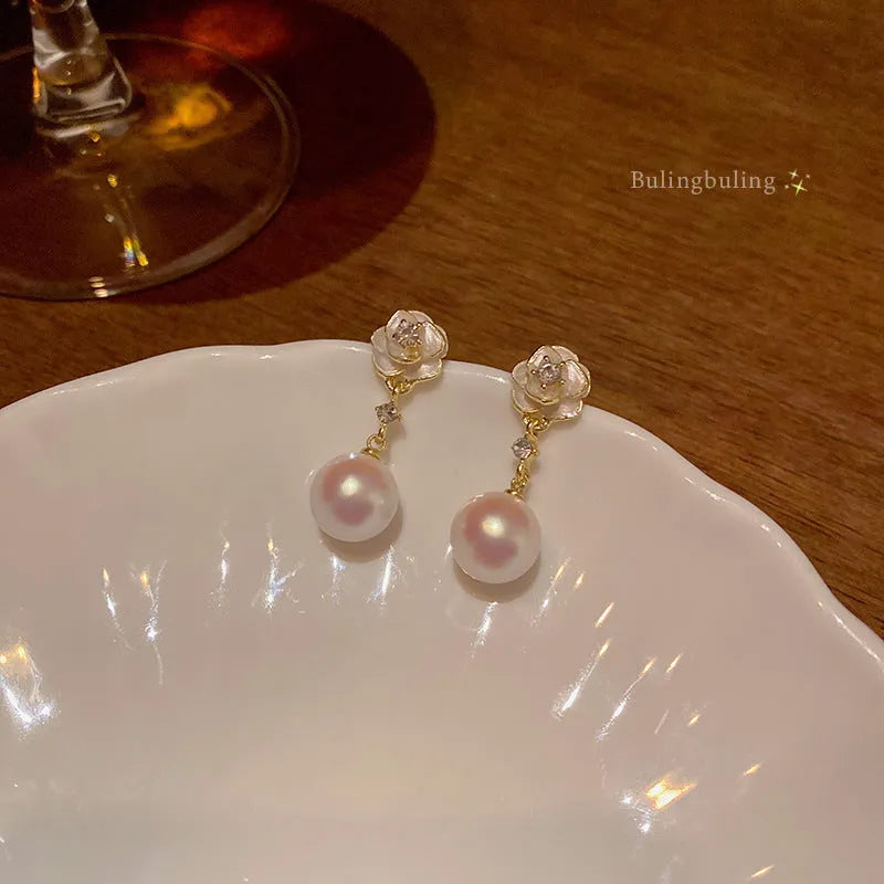 Camellia flower stud earrings with pearl accents for women, alloy floral jewellery