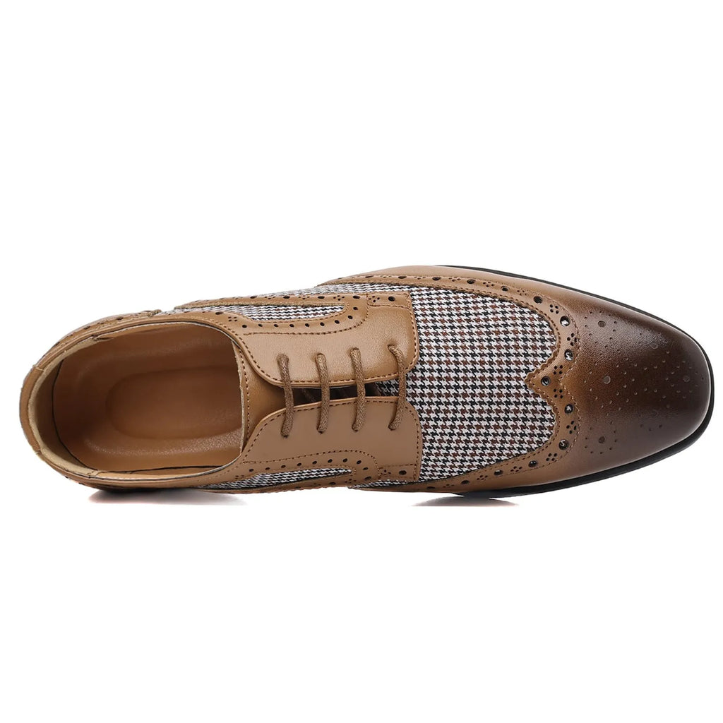 Men's black houndstooth pattern casual shoes with square toe and lace-up front on a rubber sole.