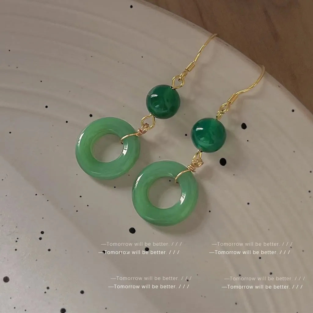 Green jade design peace buckle shaped Chinese style earrings with zinc alloy construction
