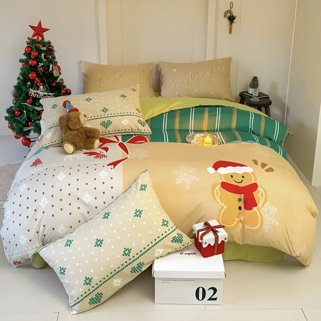Christmas cartoon printed bedding four-piece set showing gingerbread man design on super soft washed cotton