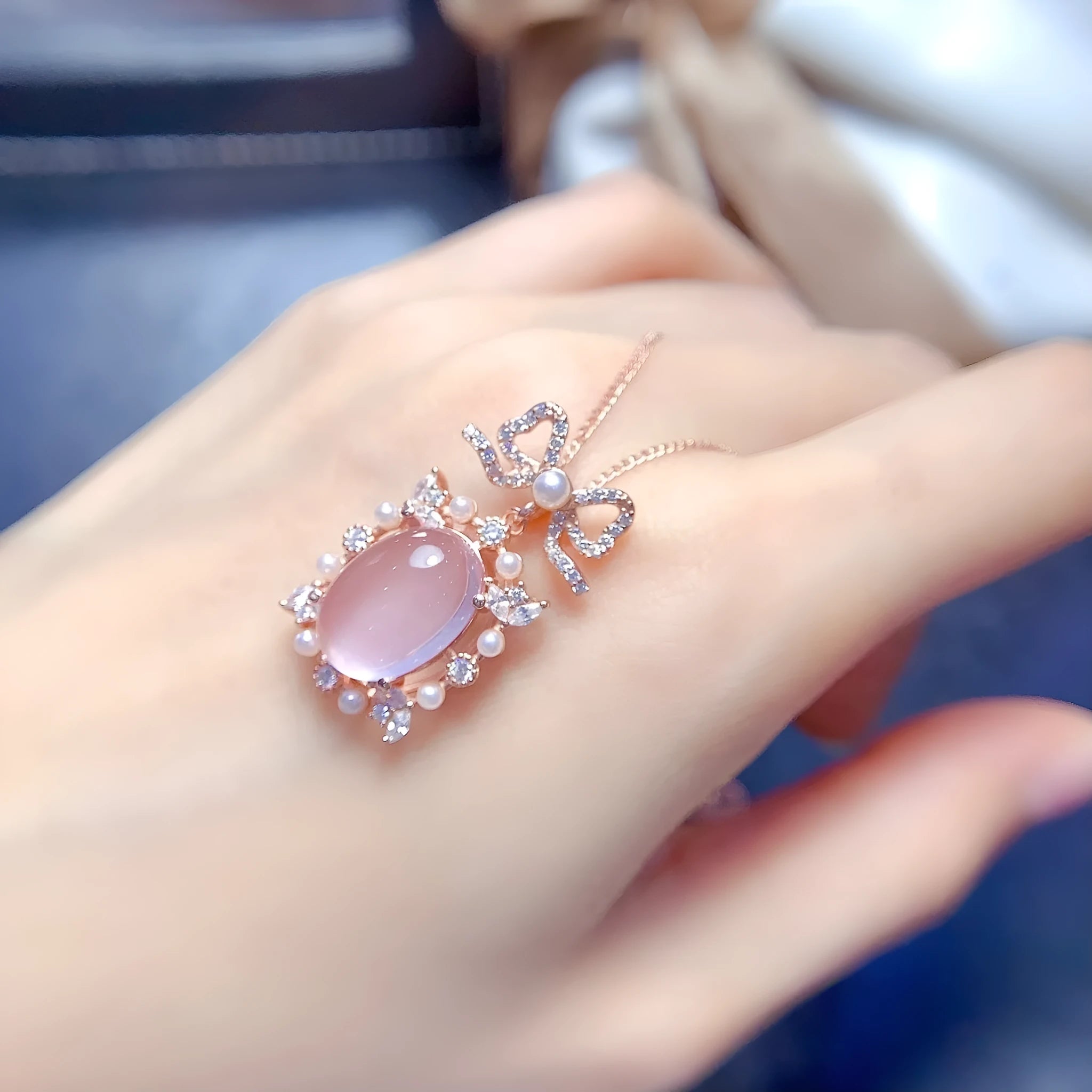 Rose quartz geometric pendant on rose gold plated silver chain necklace