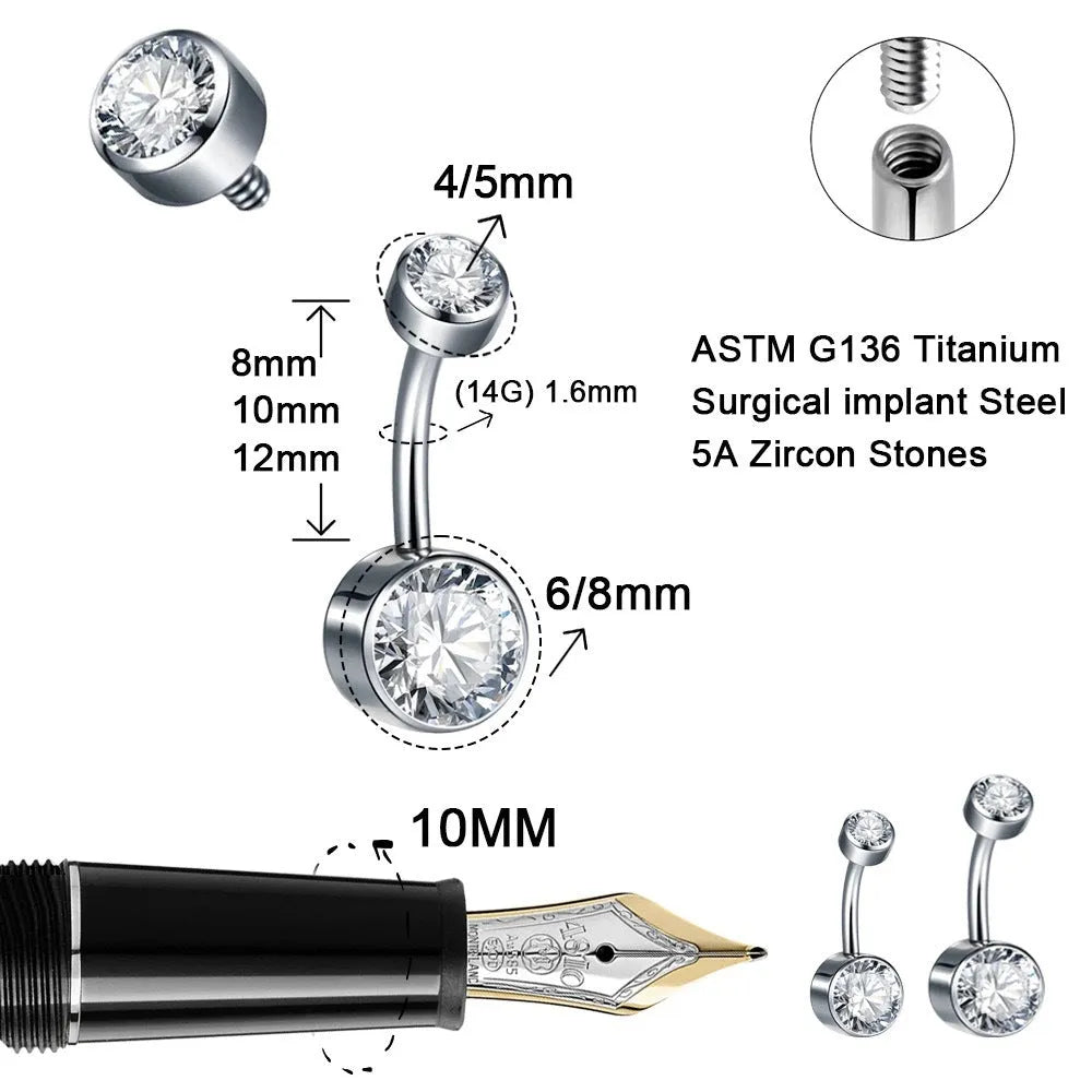 Titanium alloy double-headed zircon navel stud with internal threading in multiple colours
