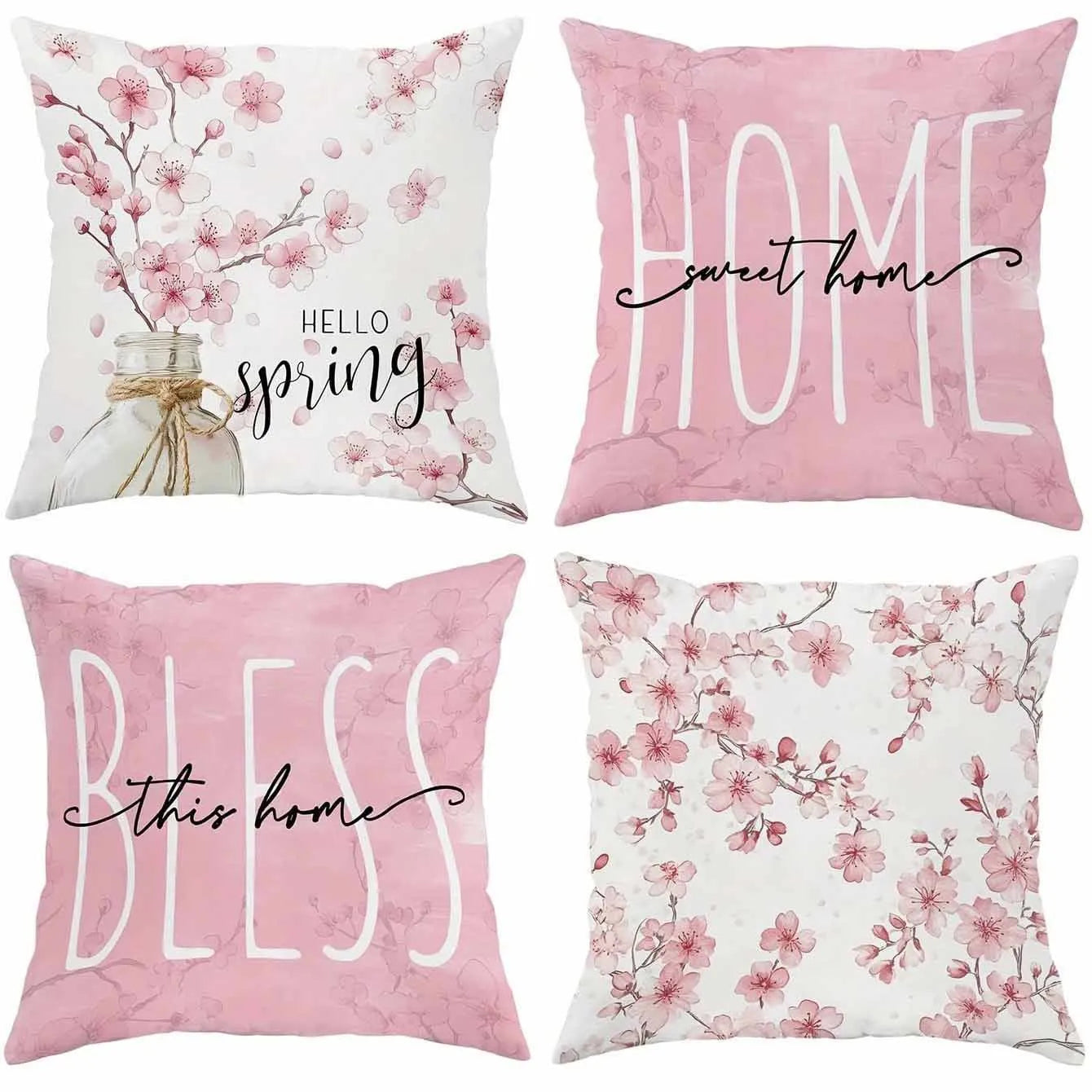 45cm square short velvet cushion cover with detailed cherry blossom and script letter floral print design.