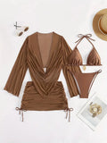 Women's dark brown lace-up backless bikini swimsuit with brief style and sleeveless design
