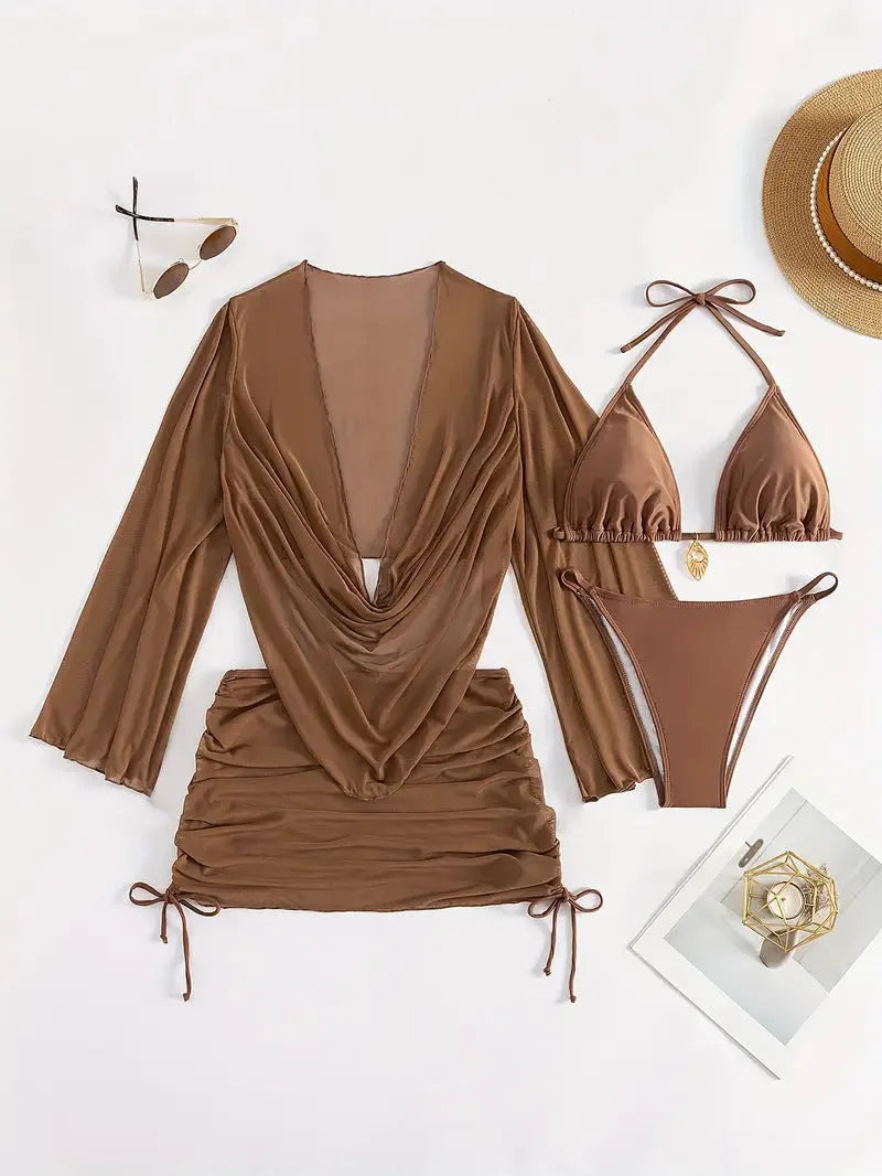Women's dark brown lace-up backless bikini swimsuit with brief style and sleeveless design