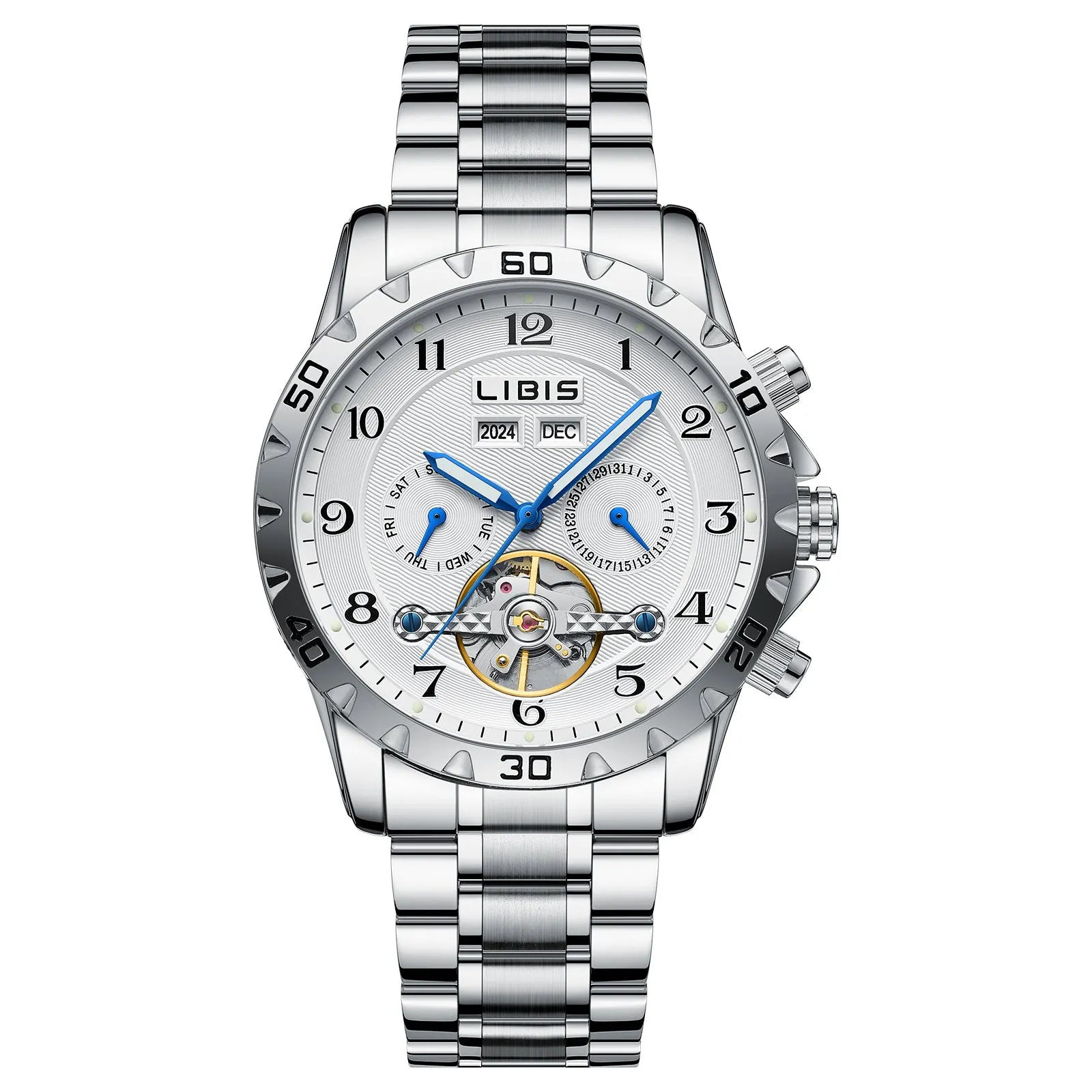 Men's silver stainless steel automatic perpetual calendar mechanical watch with business style design
