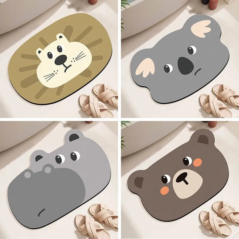 Cartoon animal pattern diatom ooze absorbent non-slip bathroom mat in brown bear design.