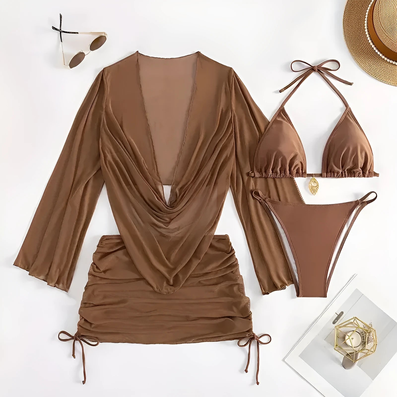Women's dark brown lace-up backless bikini swimsuit with brief style and sleeveless design