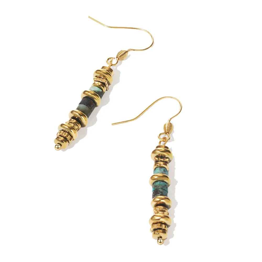 Gold geometric titanium steel dangle earrings with a retro design for women.