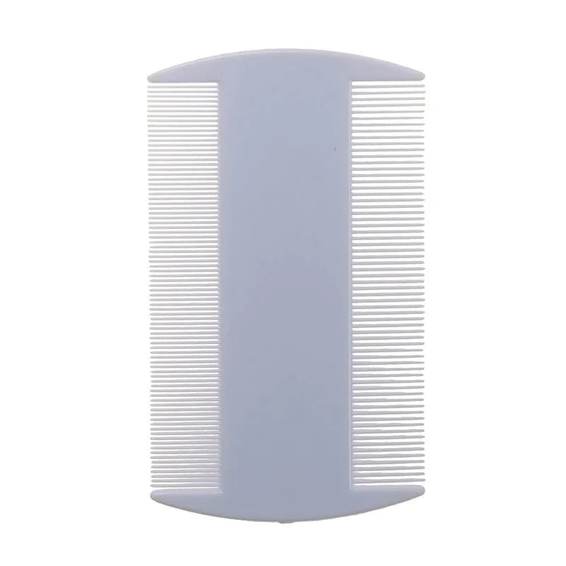 Double-edged fine teeth plastic comb for lice and flea removal in white, shown on a blue background.