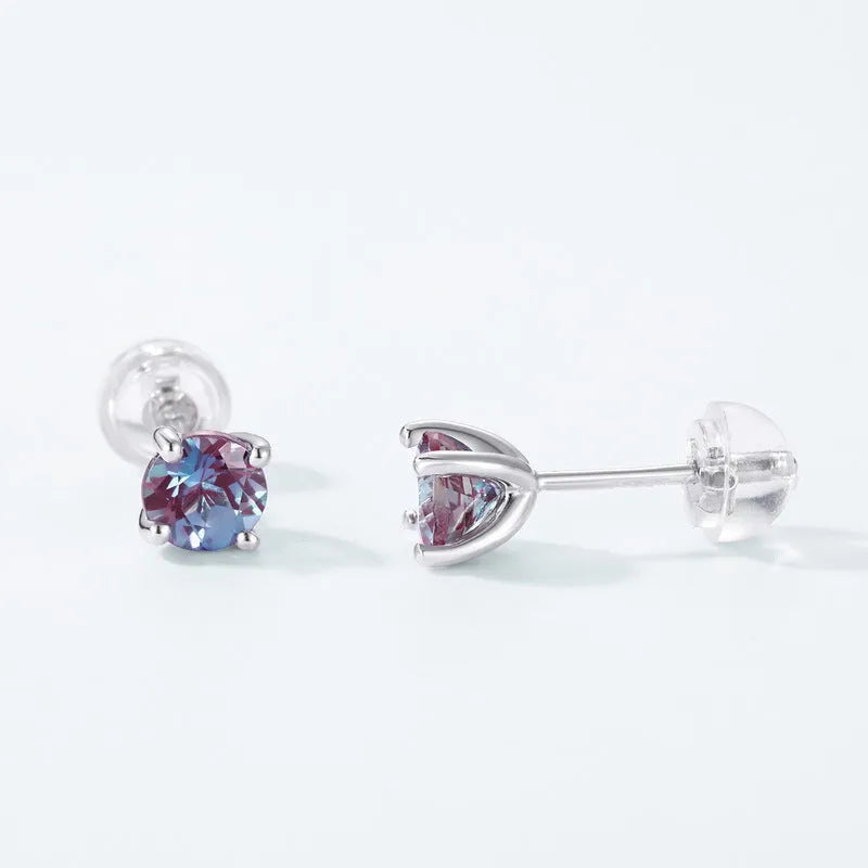 Silver geometric ear studs with round Alexander stone in cultivate colour