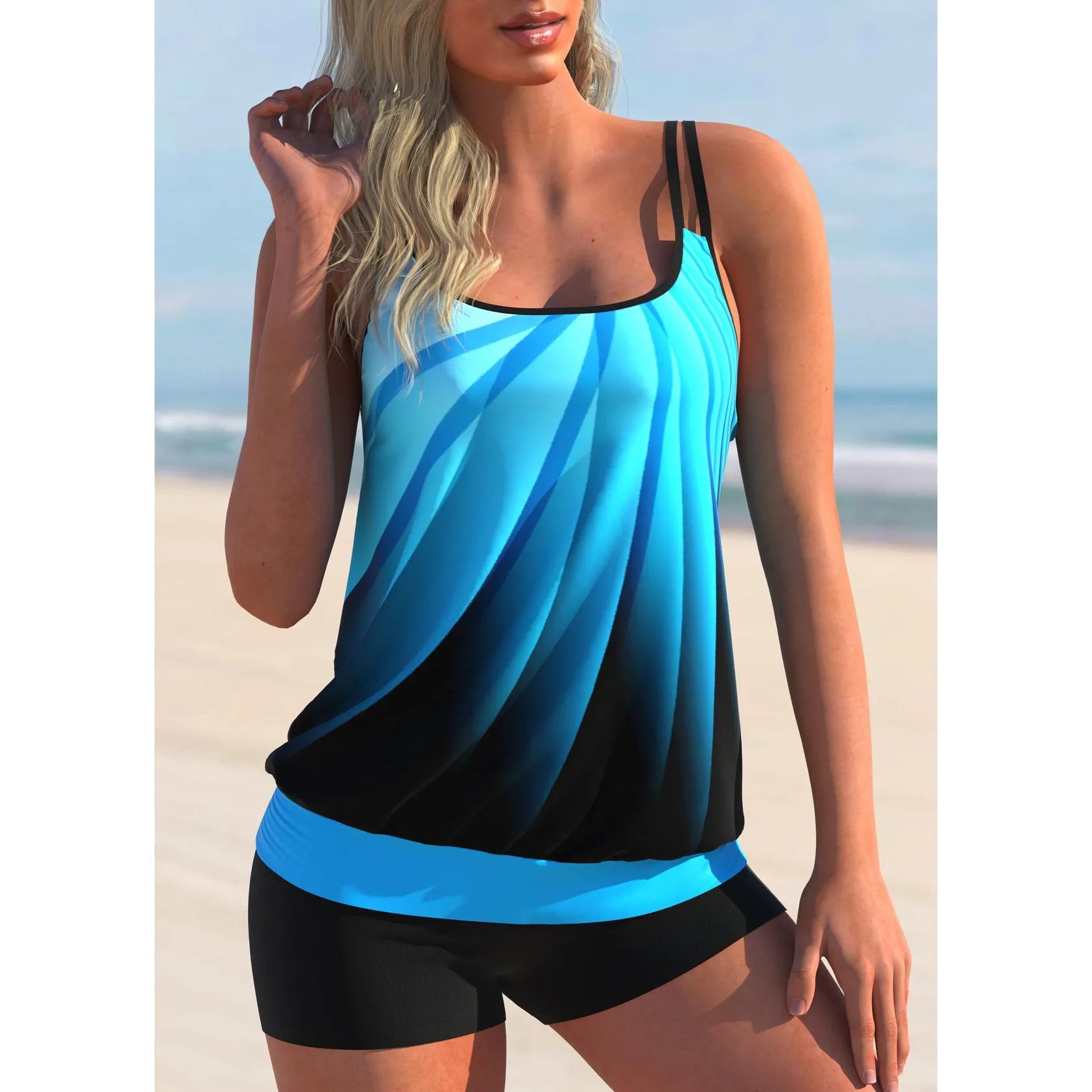 Plus size women's swimsuit set with butterfly print including strapped top and matching shorts