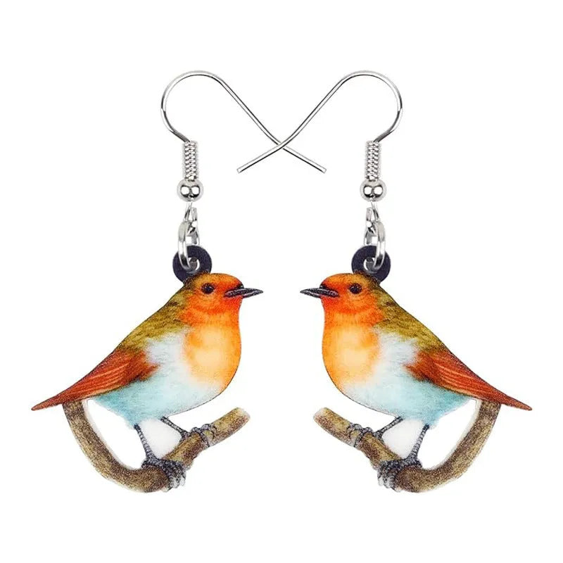 Blue titmouse pendant acrylic earrings with geometric snake motifs in two colour options