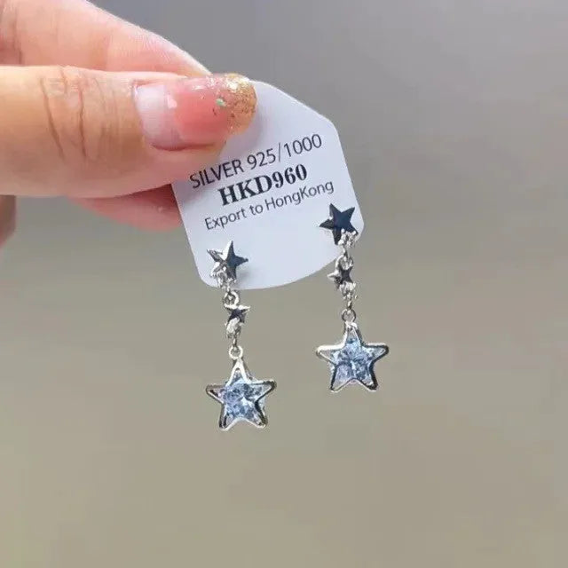 Women's alloy heart-shaped clip earrings with rhinestones, little star charms, and tassel in geometric fresh style design