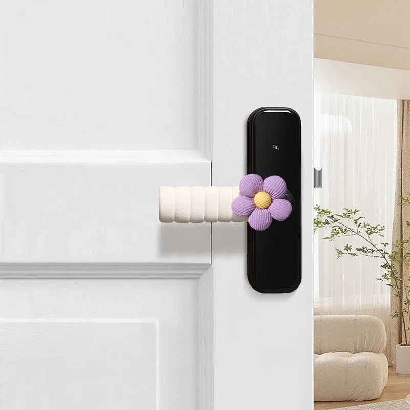 Round floral door handle protective casing in soft PEVA material showing anti-collision function