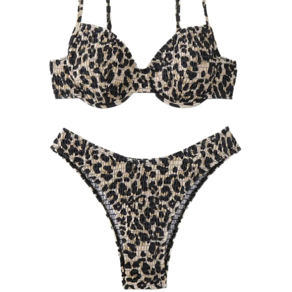 Leopard point backless bikini swimsuit in polyester spandex fabric