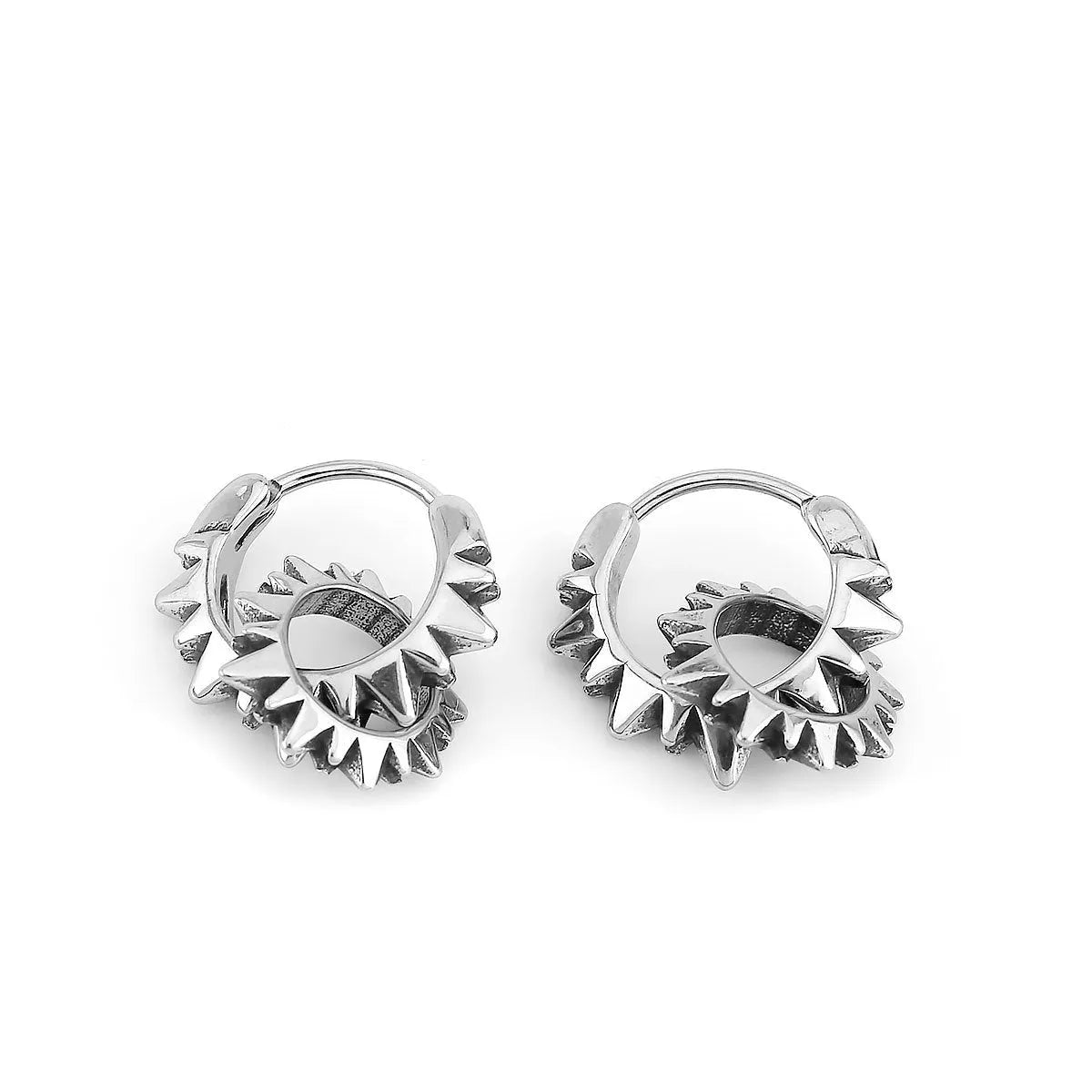 Pair of stainless steel round hoop earrings with polished steel finish, retro European American style