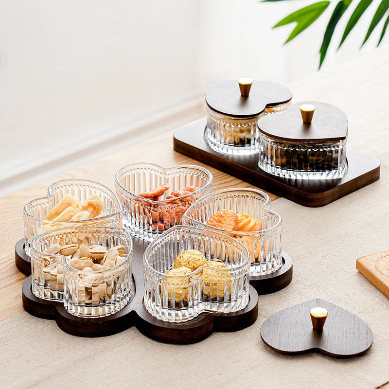 Glass retro snack serving platter with heart-shaped lid in 2-grid, 3-grid, 4-grid or 5-grid compartment options.