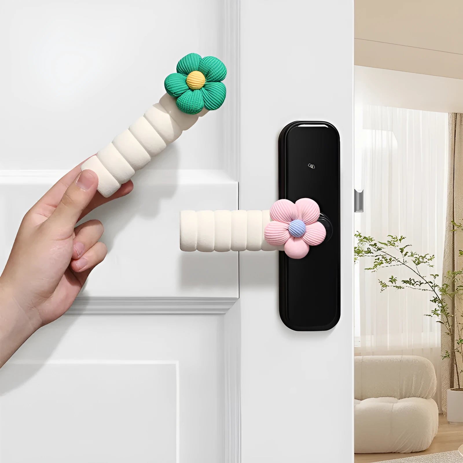 Round floral door handle protective casing in soft PEVA material showing anti-collision function
