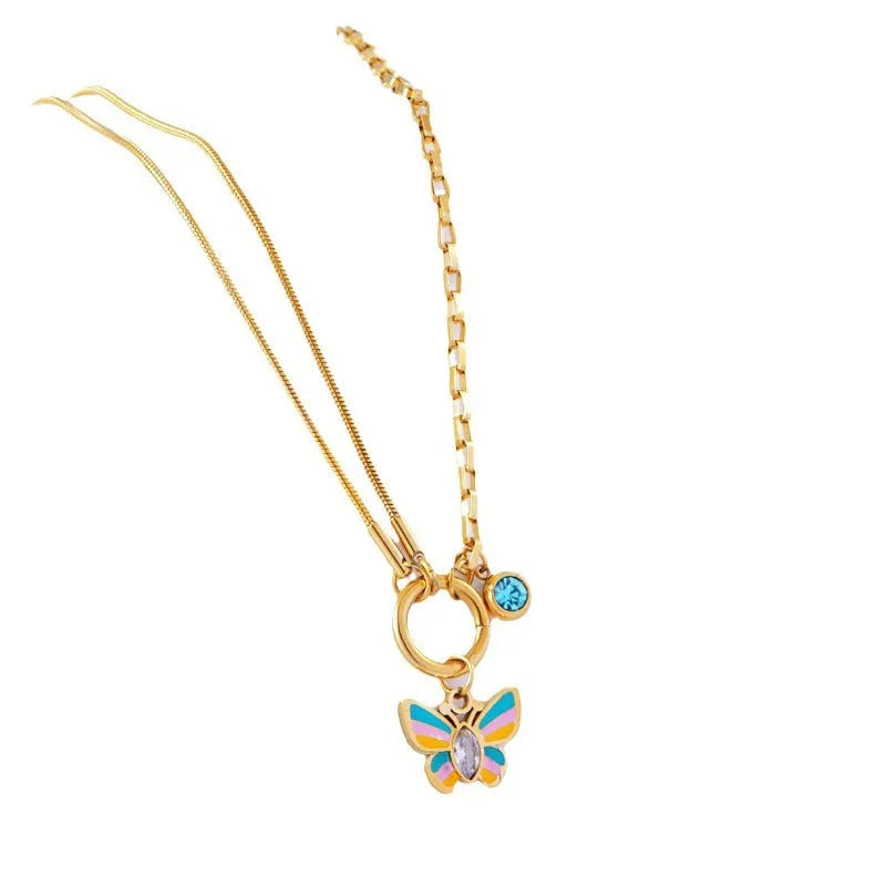 Gold titanium steel necklace and bracelet set with colourful epoxy butterfly pendants on snake bones chains.