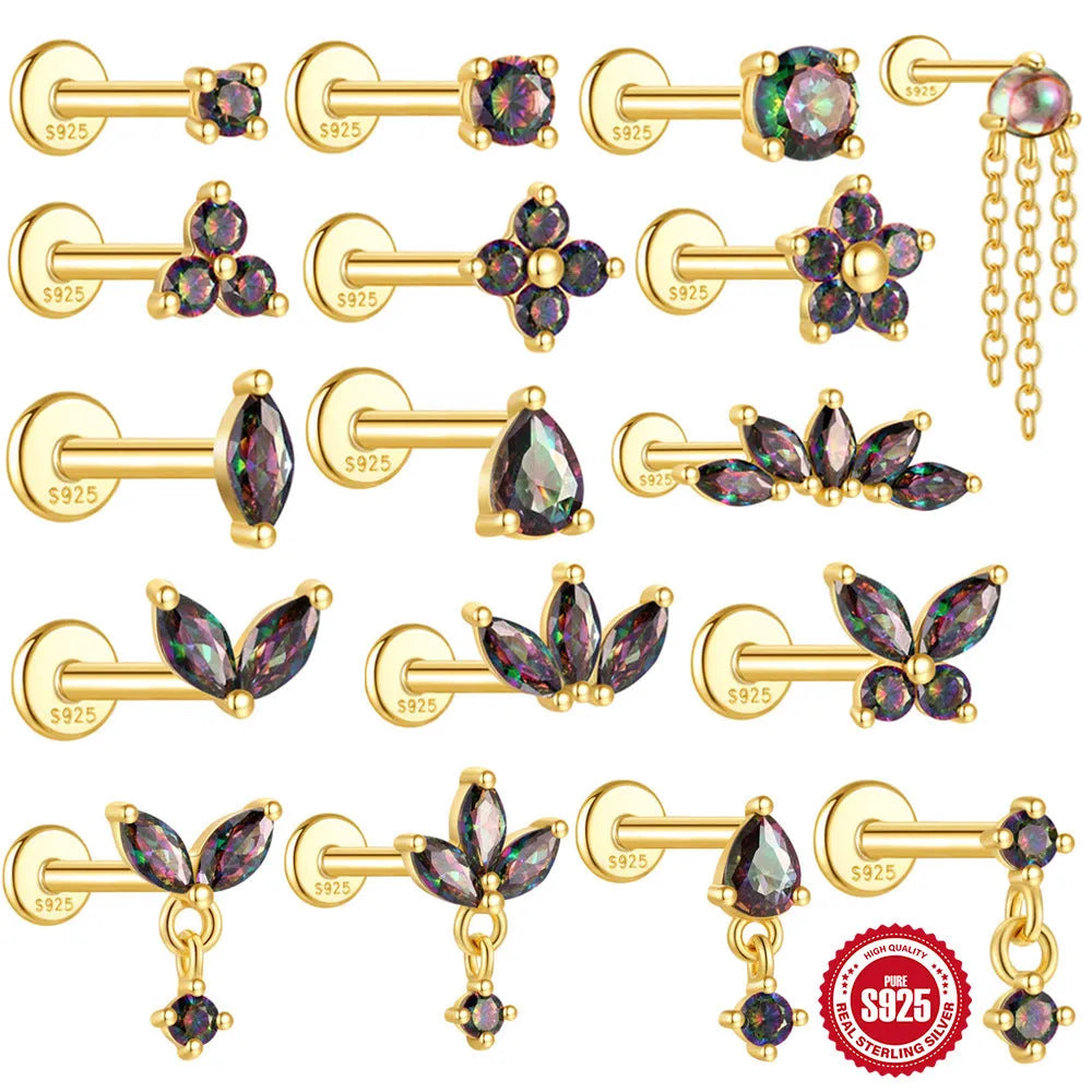 Geometric S925 sterling silver threaded stud earring with a flat head featuring a rainbow stone.