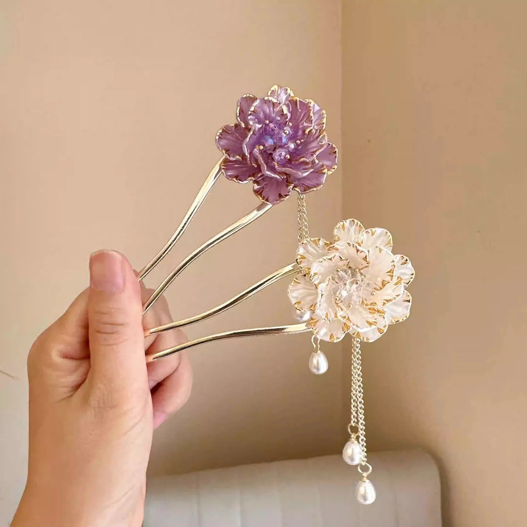 Purple and white peony flower U-shaped hairpin with tassel detailing on alloy barrette