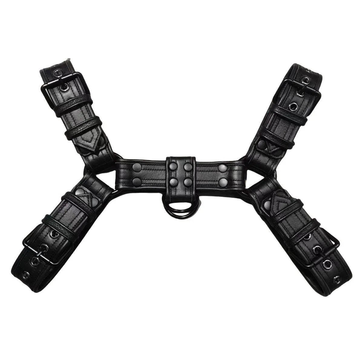 Black leather chest strap for men with metal buckle and rivet details on a mannequin.