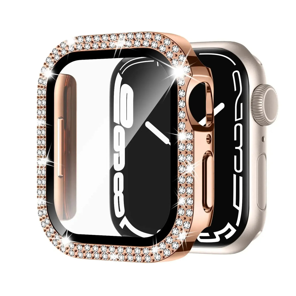 Apple Watch case with double diamond glass peep-proof screen protector in rose gold colour for a 44mm model.