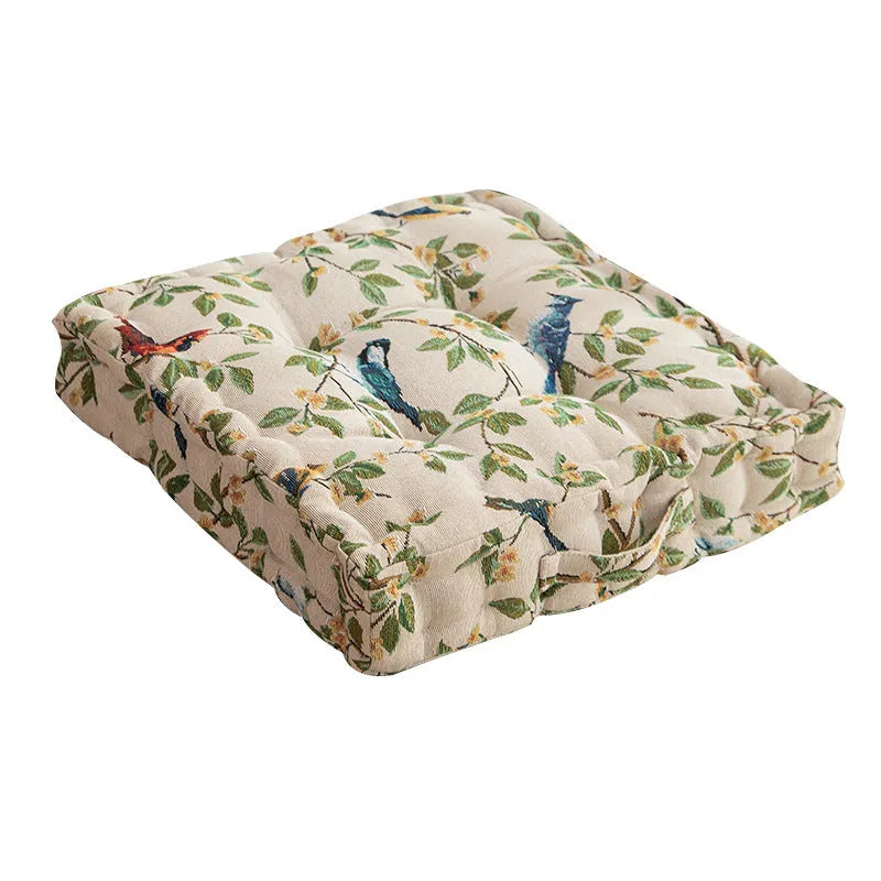 American style square dining chair cushion in apricot colour with floral bird pattern, showing 8cm thickness.