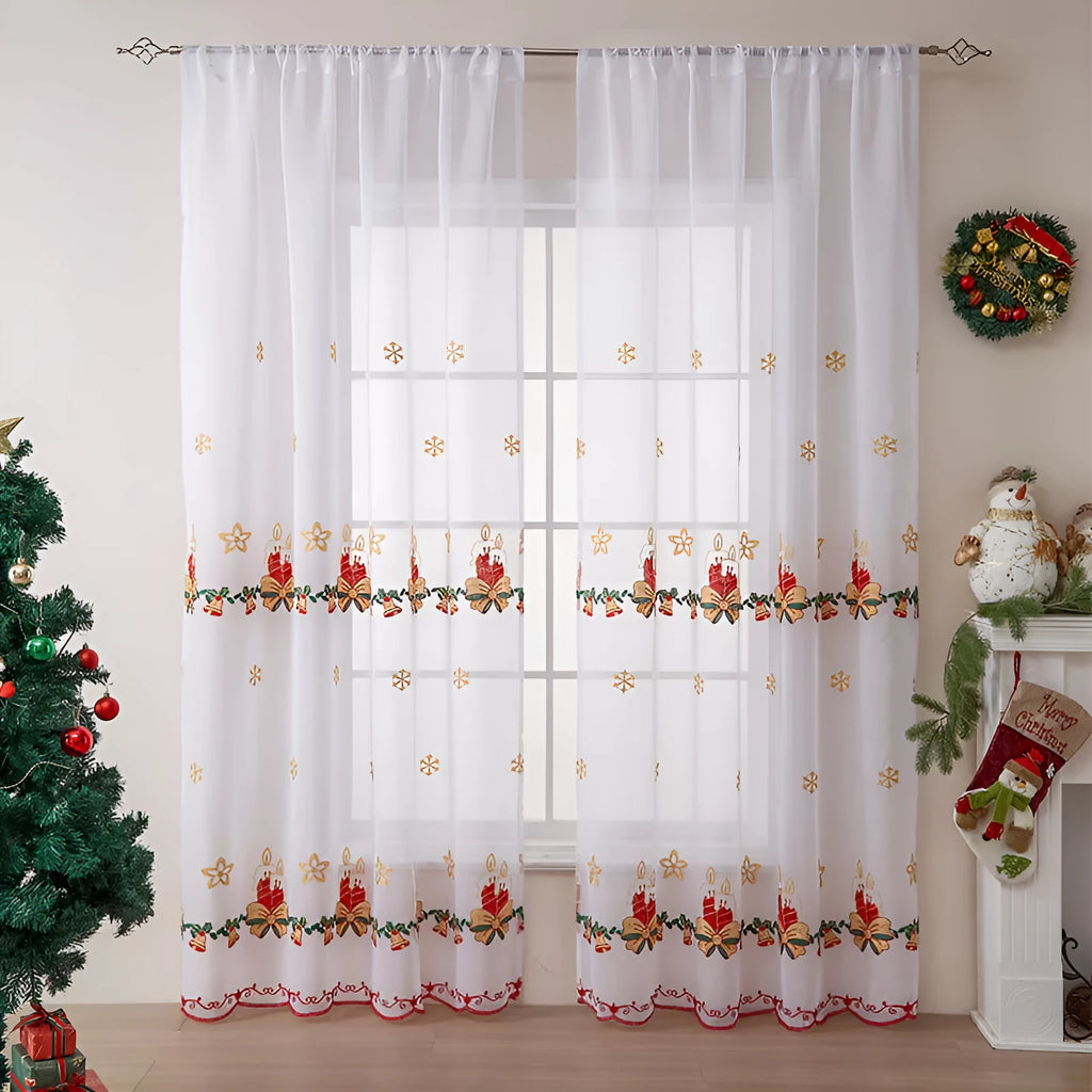 Pair of white Christmas curtains with embroidered red snowflake pattern