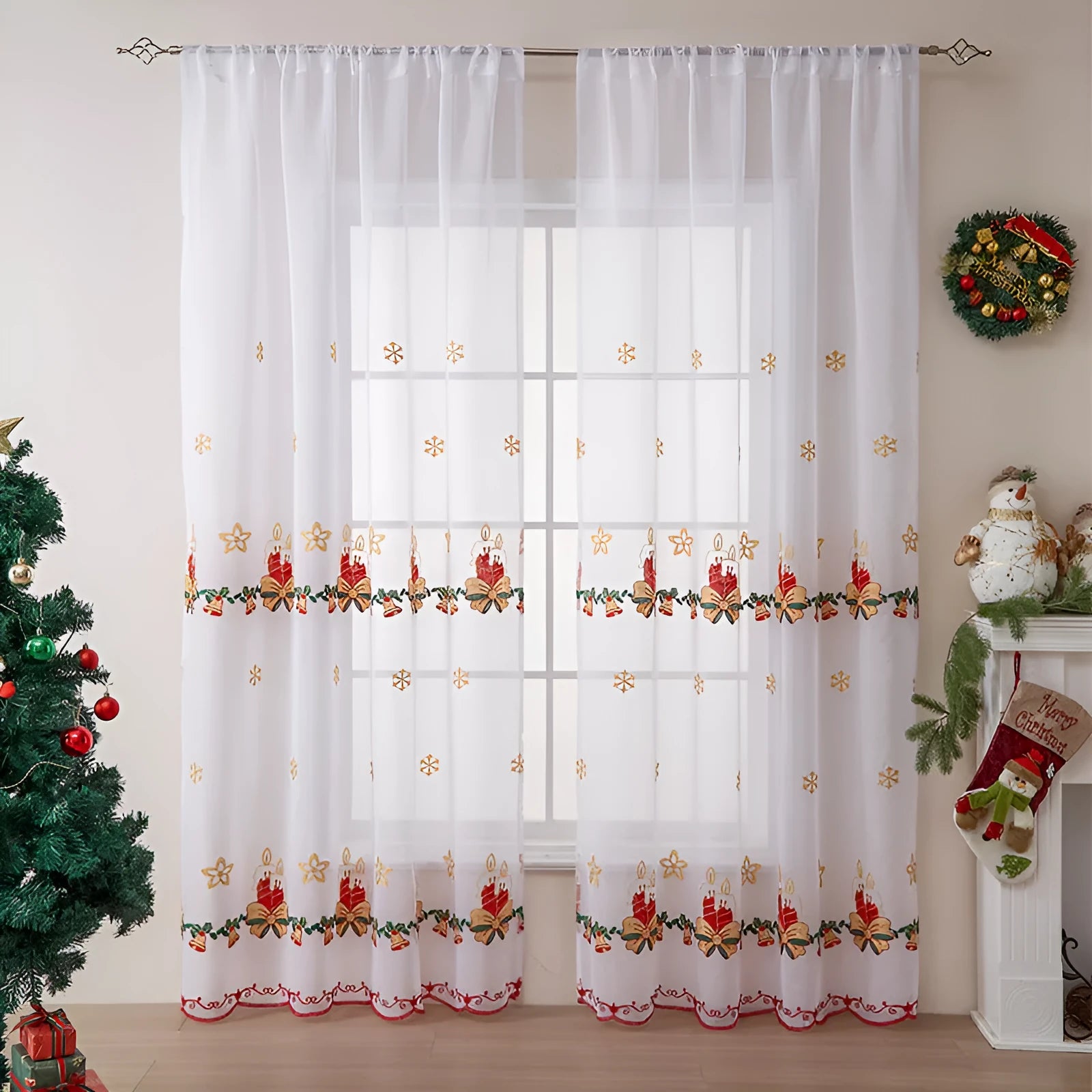 Pair of white Christmas curtains with embroidered red snowflake pattern