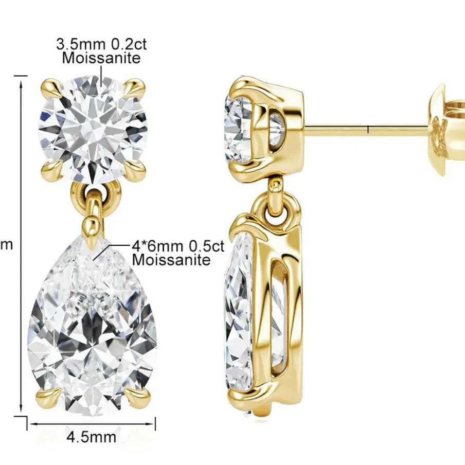 Sterling silver water drop moissanite stud earrings with round and elongated stones in gold and silver plating options